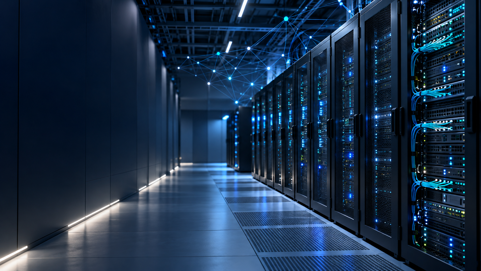 Modern data-center racks with blue status lights and network cabling